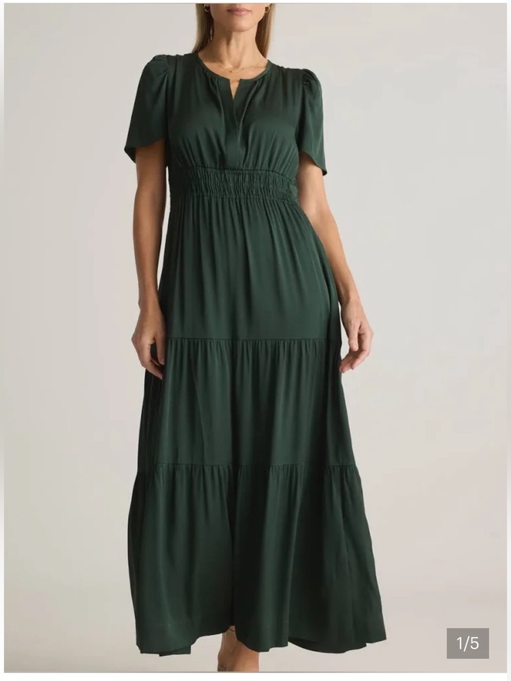 Quince Women's Silk Forest Green Tiered Maxi Skirt with Smocked Waist